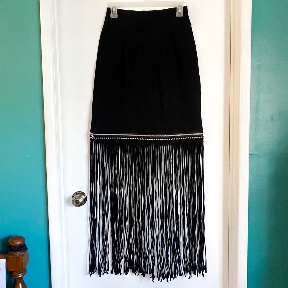 Rock N Karma Record Long Black Fringe Studded Skirt